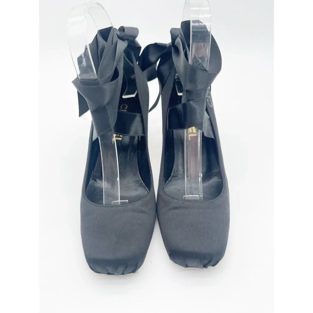Chanel Vintage Black Satin Crystal Logo Ankle Lace Up Ballet Pumps Heels EU 37.5